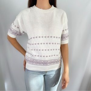 Vintage 80s cream lavender knit sweater short sleeve